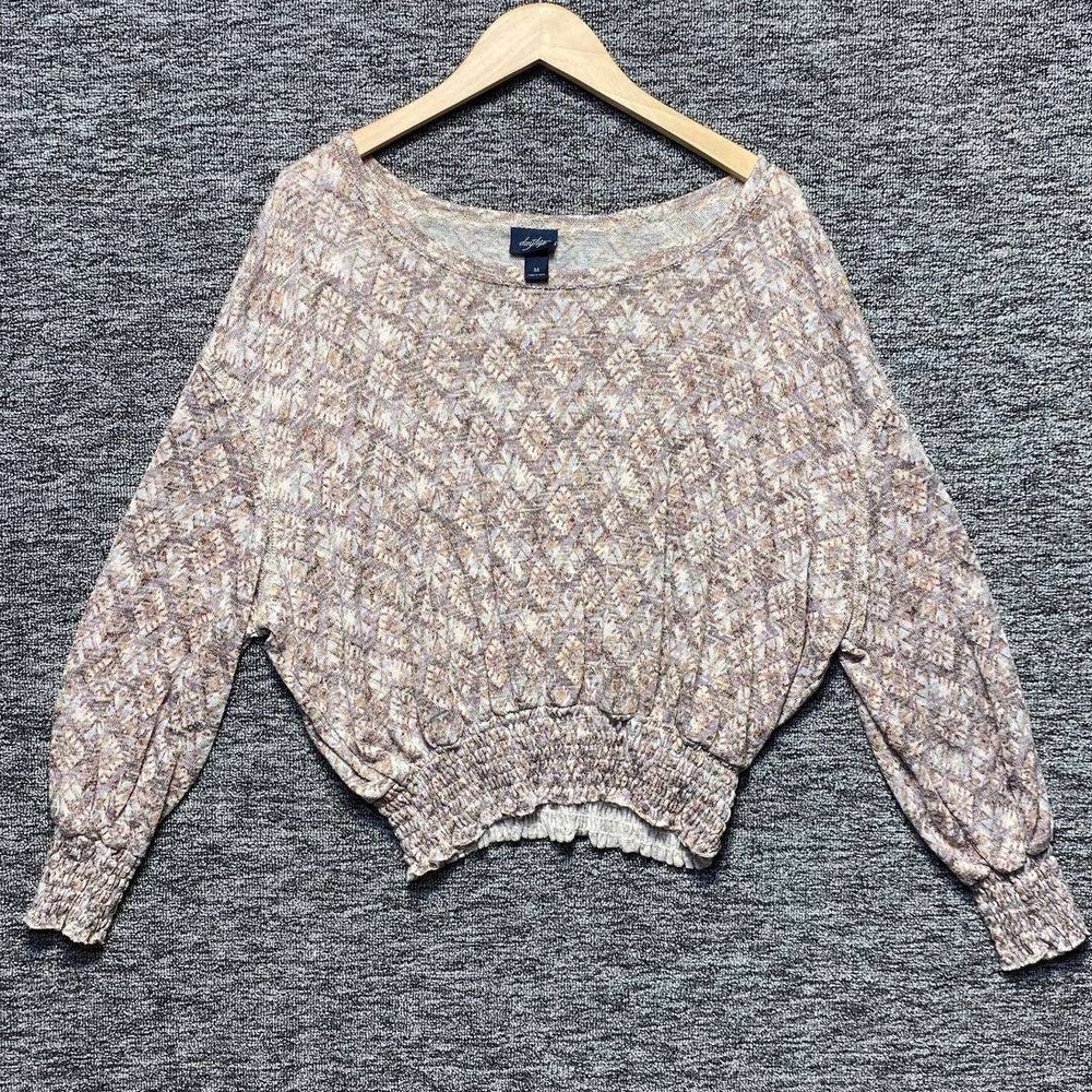 Daytrip Smocked Waist Top Womens Medium Tan Floral Boho Dolman Sleeve Blouse